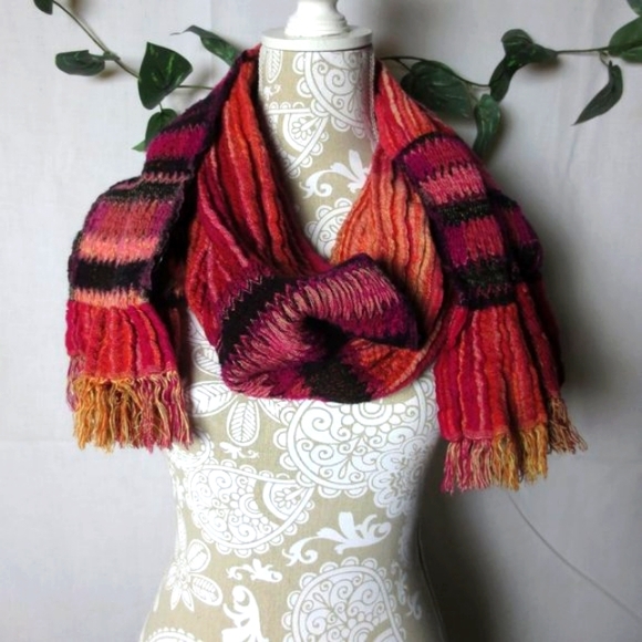 OM Boho Orange Pink Gold Black Eclectic Stripes Warm Wool Blend Fringe Scarf - Picture 1 of 7